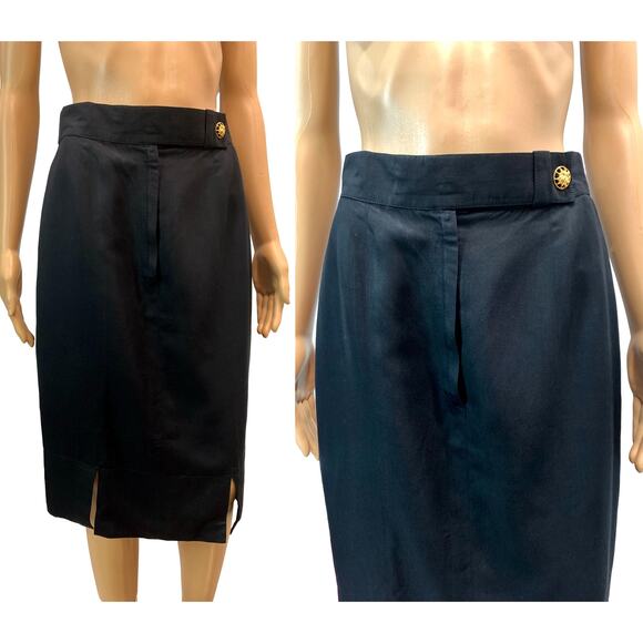 80's Louis Féraud Structured Black Pencil Skirt w Gold Sun Face Button | 28" - Picture 10 of 12